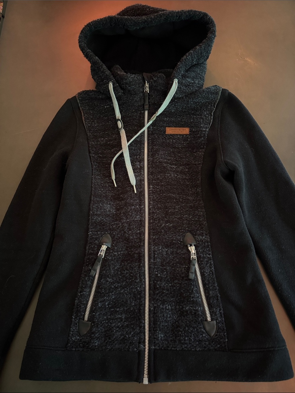 Obermeyer Black Hooded Zip Front Jacket with Gray Drawstrings
